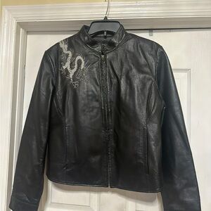 Elegant Black Leather Jacket with Embroidered Dragon